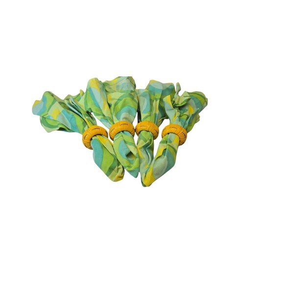 Set Of 4 Retro Groovy Green & Yellow Cloth Napkins W/ Wicker Napkin Rings Boho - Picture 6 of 10